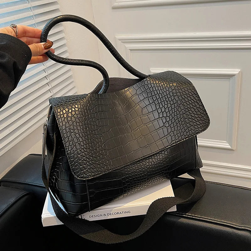Bolsa Feminina Croco Retrô em Couro Sintético – Grande Capacidade