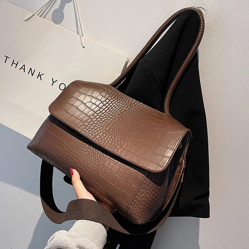 Bolsa Feminina Croco Retrô em Couro Sintético – Grande Capacidade