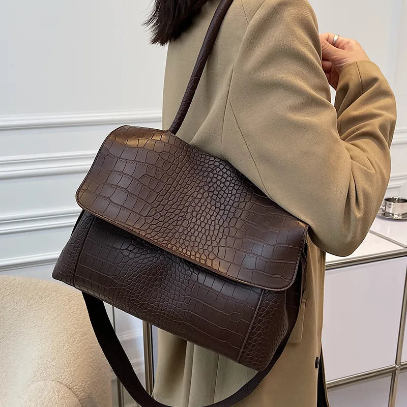 Bolsa Feminina Croco Retrô em Couro Sintético – Grande Capacidade