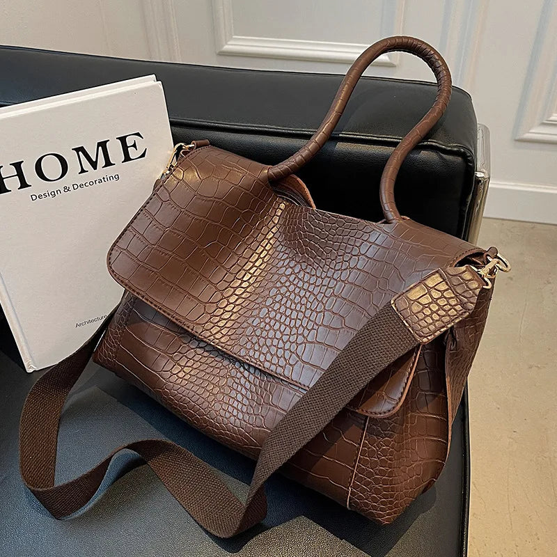 Bolsa Feminina Croco Retrô em Couro Sintético – Grande Capacidade