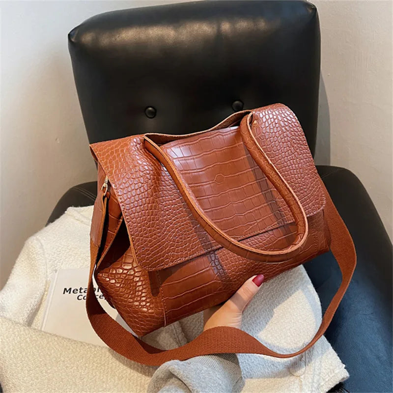 Bolsa Feminina Croco Retrô em Couro Sintético – Grande Capacidade