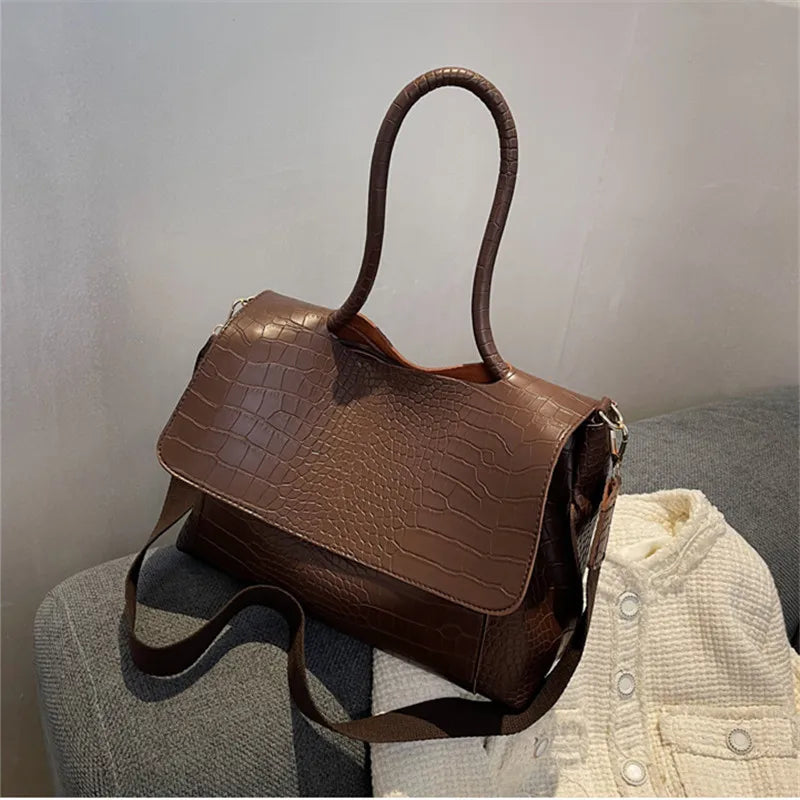 Bolsa Feminina Croco Retrô em Couro Sintético – Grande Capacidade
