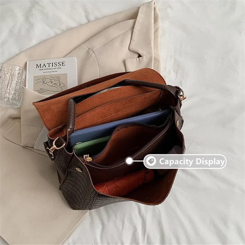 Bolsa Feminina Croco Retrô em Couro Sintético – Grande Capacidade