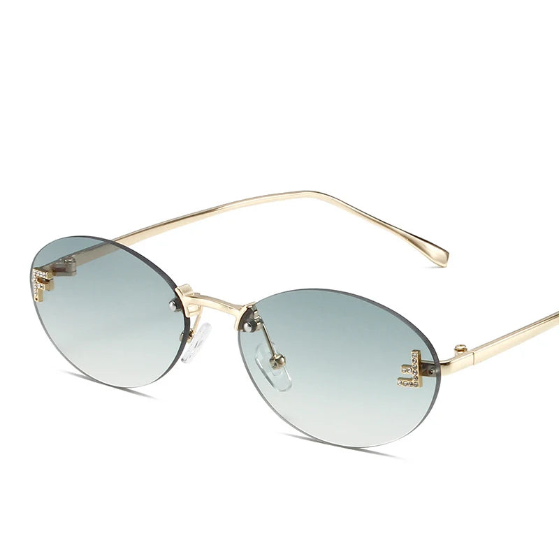 Óculos Diamond F Oval – Estilo Sofisticado com Armação Sem Aro e Detalhe Luxuoso