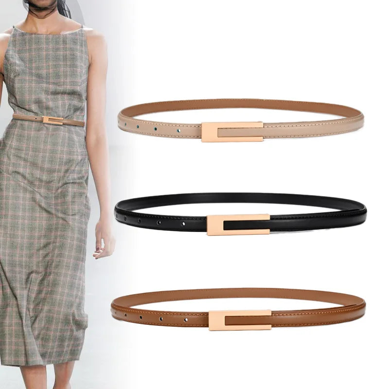 Cinto Feminino Fino com Fivela Dourada – Couro Genuíno e Estilo Luxo